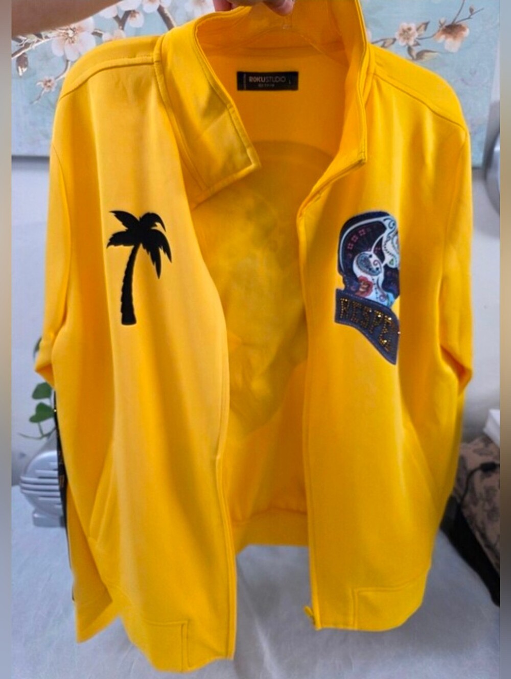 Roku Studio Men Nipsey Hustle Respect Streetwear Full Zip Hoodie Yellow Size L.